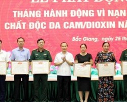 Lãnh đạo UBND tỉnh Bắc Giang trao Bằng vinh danh tấm lòng vàng vì nạn nhân chất độc da cam/dioxin. (Ảnh minh họa: TTXVN)